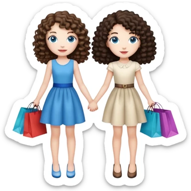 two girls, best friends, holding hands, fully body emoji, and they are holding shopping bags from fancy boutiques in their other hands. the first girl has curly medium brown hair and blue eyes and pale skin. the second girl has curly dark brown hair and light skin and dark brown eyes. sticker