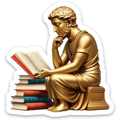 An icon featuring a thinker statue, a scroll, symbolizing philosophy. The design includes books and abstract symbols representing deep thought and wisdom. Transparent background highlights the study of ideas, logic, and existential questions sticker