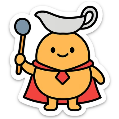 mascot style Gravy Lord round friendly character with a gravy boat hat, cape, and ladle, bold simple style sticker