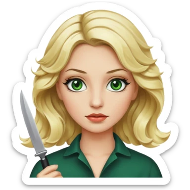 Emoji femme blonde cheveux blond ondulé, yeux vert avec de long cils noir qui porte un couteau sticker