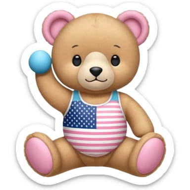 osito de peluche cafe claro con ropita rosa claro y estapado de la bandera de usa y otro con una liga de pilates en la cabeza y con ropa deportiva sticker