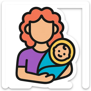 Woman with curly red hair holding a baby, wearing purple clothing, color outline style, no background. sticker