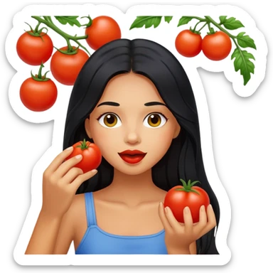 Pretty tanned girl with long black hair, eating tomatoes sticker