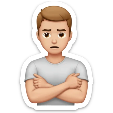 man angrily crossing arms holding neck sticker