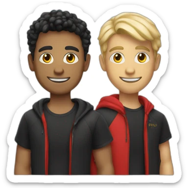 Two twin guys with a smile, medium hair black, red T-shirt with the inscription Prada sticker