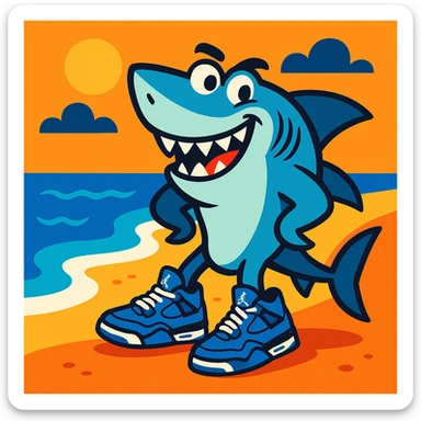 fun and lively cartoon style shark near the coast of a beach, wearing four blue Jordan tennis shoes sticker
