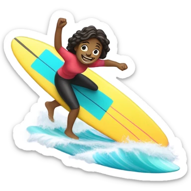 A person (🏄‍♀️) surfing on a wave (🌊). The person is smiling and riding a bright-colored surfboard. sticker