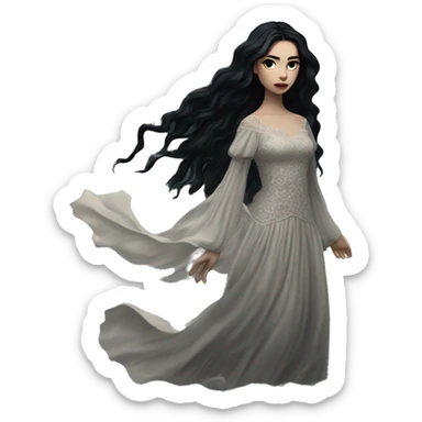 Dramatic girl  very pale with dark lighting  with black hair  in river with very very long lace dress  black long hair flying in the wind sticker
