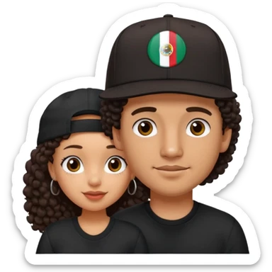 A picture of a cute tanned couple. the man is Mexican, with a bald hair cut wearing a SnapBack hat and a black shirt. the woman is mixed, she has curly longer dark brown hair, thicker and with big boobs  sticker