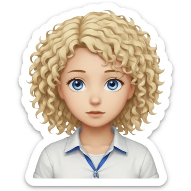 This is a 2D digital anime-style portrait of a female, caucasian, 29 years old light skin. The person has messy stray blond curly hair, round blue eyes.  sticker