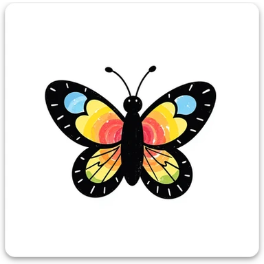 colorful butterfly in childlike crayon doodle style, centered, isolated on white background sticker