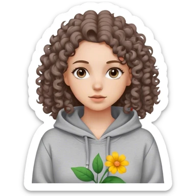 A white girl with curly hair and grey hoodie and a flower print and brown hair  sticker
