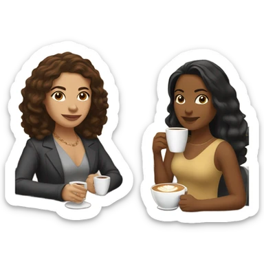 puerto rican woman light skin with shoulder-length, wavy, brown hair drinking latte with Roman woman with black, straight hair drinking espresso at table sticker