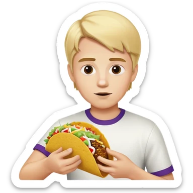 A boy with blonde hair eating a Taco Bell cravings box sticker