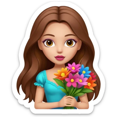 stylish pretty bratz baddie, long brown hair holding big bouet of flowers  sticker
