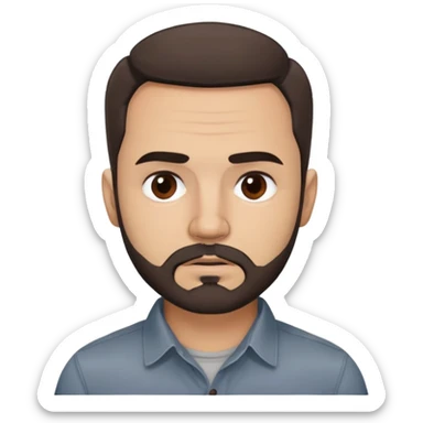 Puerto Rican actor René Monclova with round face, wide jaw, light skin. Expressive dark brown eyes, thick eyebrows. Short brown hair with receding hairline. Messy beard, brown with some gray patches. Wearing a dark button-down shirt. sticker