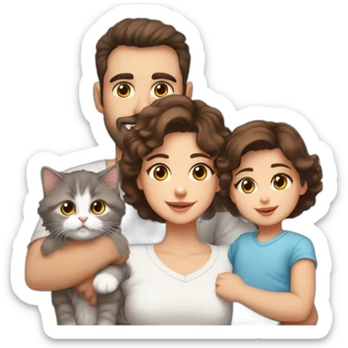 Family with dad with brown eyes and short dark hair, mother with blue eyes and curly brown hair, baby older 5 months, one Persian cat sticker