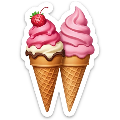 two scoops strawberry and chocolate ice cream in a waffle cone, vibrant colors sticker