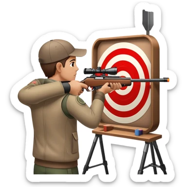 A focused shooter aiming a rifle at a target, standing in a shooting range with perfect posture. The target is in clear view, and the atmosphere is intense and precise, emphasizing concentration, accuracy, and discipline in the sport of shooting. sticker