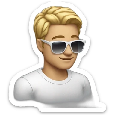 Man with clear sunglasses with shor hair and white t-shirt sticker