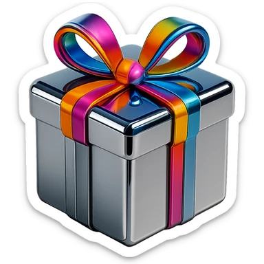 Make the bow on the stylized chrome box colorful while keeping the box futuristic and smooth, no background. sticker