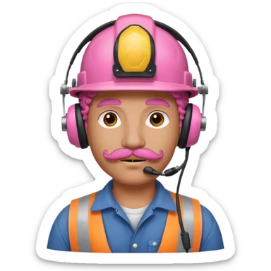 construction worker with pink curly hair and protective headphones and mustache sticker