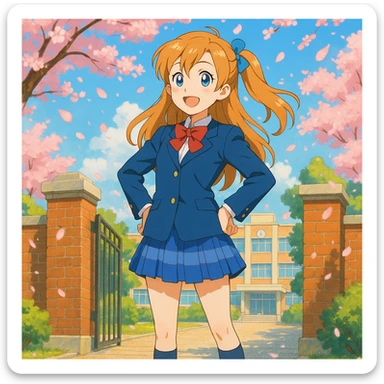 bright and cheerful anime schoolgirl standing confidently in front of her school gate during spring, cherry blossoms fluttering around, long light orange hair in a side ponytail with a blue ribbon, expressive blue eyes, warm smile, classic Japanese high school uniform with navy blue blazer, white blouse, red ribbon bow, blue checkered skirt, knee-high navy socks, brown loafers, vibrant 2D anime style inspired by Love Live!, lively background with high attention to color and lighting sticker