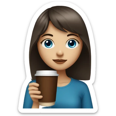 a girl with blue eyes with bangs on dark brown hair drinks coffee sticker