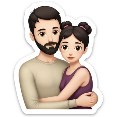 Tall pale guy with dark hair beard no glasses, and short woman with dark hair bun hugging sticker