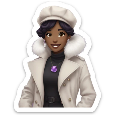 black hair, pale skintone, long messy hairstyle, beret hat, purple eyes, smile, long black trench coat with white fur around the neck, purple crystal earrings, purple crystal necklace sticker
