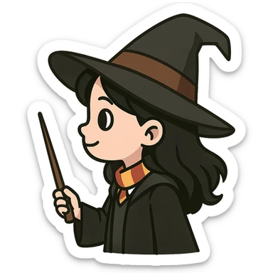 A cute witch with black hair and black eyes, Harry Potter style, facing left. sticker