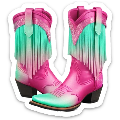 Realistic hot pink to mint green ombre pair of fashion cowgirl boots with sparkly shiny glitter fringe on them. sticker