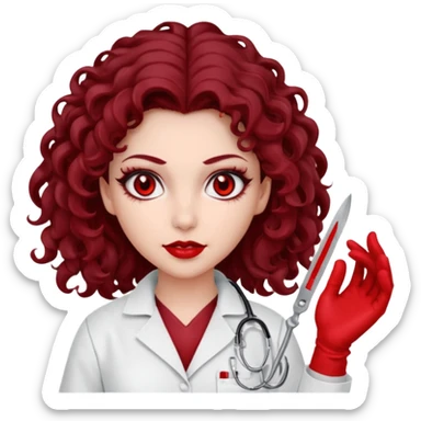 Lilith scalpel in hand, evil surgeon outfit.  She has red eyes. She has dark brown curly hair. Hair is long . Wears sexy doctor outfit with red gloves. Covers nose, neck and mouth with Muslims  sticker
