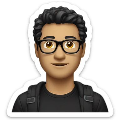 A man with black hair, wearing black glasses, a black T-shirt, black pants, and a white coach  sticker