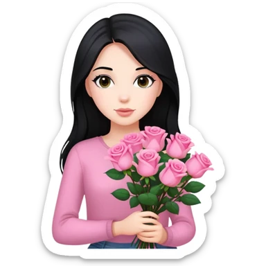 A beautiful girl with long black hair holding a bouquet of pink roses sticker