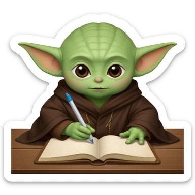 Baby Yoda con su tunica chocolate escribiendo en un cuaderno sobre un escritorio sticker