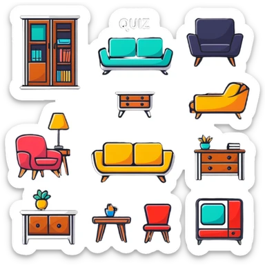 colorful interior design style quiz logo with swiping gesture and different furniture styles sticker