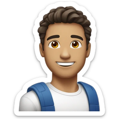 He has an athletic presence and a charming smile that lights up his face. He is tall, with shoulder-length dark hair, small brown eyes with a small nose, and a large mouth. sticker