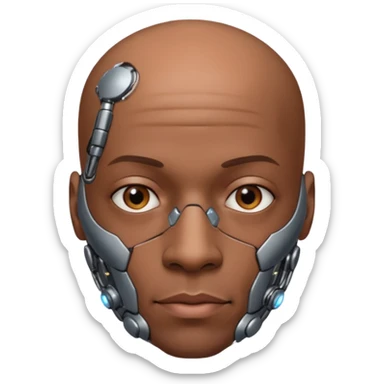 bald black man, vertical half of his face fully covered in cyborg augmentations sticker