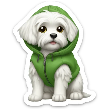 Maltese puppy wearing a green parka sticker