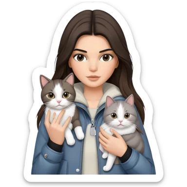 brunette Kendall Jenner with long hair holding on the hands one grey white cat in a jacket  sticker