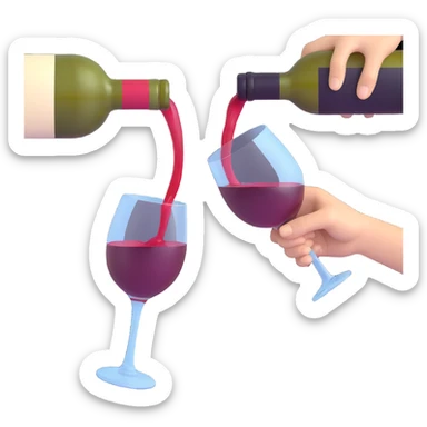 3D emoji style scene of a hand holding a wine bottle pouring wine into a wine glass, transparent background sticker