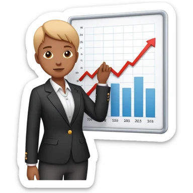 person presenting in front of a simple chart or graph, wearing a blazer and confident posture sticker