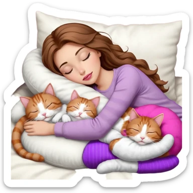 girl with long wavy brown hair, brown eyes, long lashes makeup, sexy pink lips, light to medium complexion,  sleeping on a cozy pillow, with 6 cats: 1 brown and white tabby cat, 1 ginger and white, 2 grey and white, 1 grey has white mittens and small white patch on its chest and 1 calico, sleeping sticker