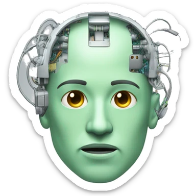 Pastel green bald male cyborg head with goatee and circuitry sticker