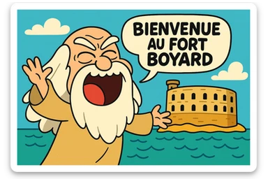 Père fouras  de fort boyard qui cri bienvenue au fort boyard // style enfantin dessin animé cartoons américain style gumball (  sticker
