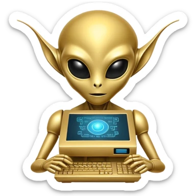 frontview golden alien ancient computer server sticker
