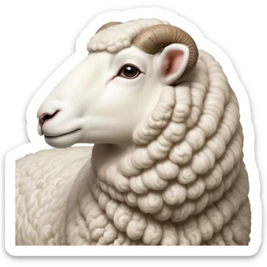Cinematic Noble Sheep Portrait Emoji, Poised and regal, with a large, sturdy build and a luxuriously fluffy, well-groomed white fleece, deep-set soulful gentle eyes, Simplified yet sharp and sophisticated features, highly detailed, glowing with a soft, dignified glow, high shine, intelligent and calm, stylized with an air of pastoral majesty, focused and attentive, soft glowing outline, capturing the essence of a watchful and confident sheep, so majestic it feels as though it could amble out of the screen with effortless authority! sticker