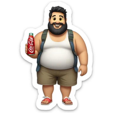 fat man in shorts and flip flops, black hair and beard holding a bottle of Coca-Cola sticker