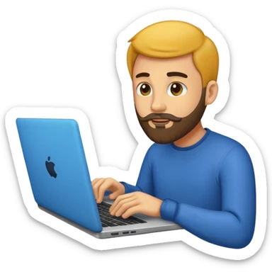 Emoji de un hombre joven con barba corta usando una laptop, estilo emoji moderno y minimalista, colores planos, líneas limpias, expresión amigable, fondo transparente. sticker